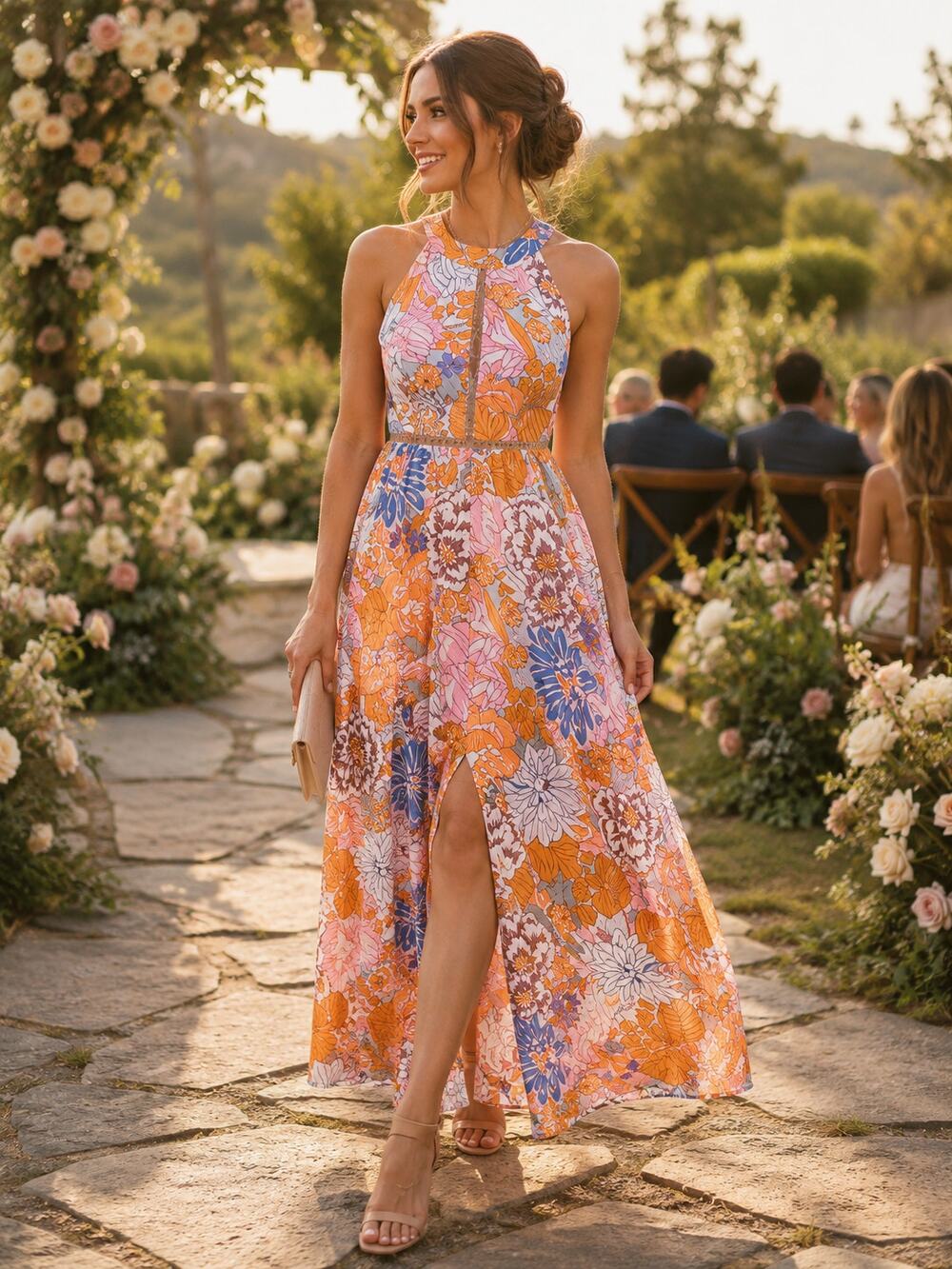 Zesica Orange 70s Style Floral Halter Maxi Dress Size XL Wedding Guest
